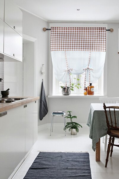 cotton maison Naturel Potlu Ekose Tül Perde Retro