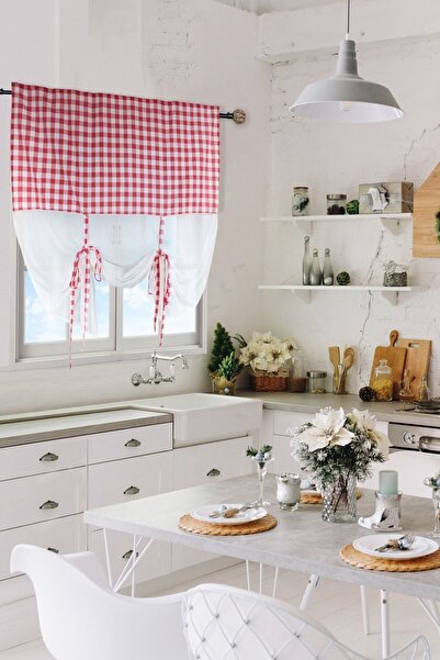 cotton maison Cortina retro din tul în carouri naturale