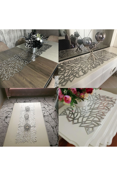 KEÇECİ ŞEYDA Deri Salon Takımı Gümüş 4 Parça ( Masa Runner , Konsol Runner, O...