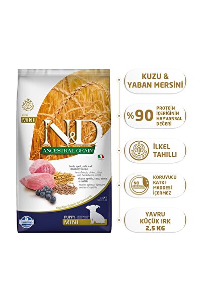 N&D Ancestral Grain Mini Puppy Kuzulu Yaban Mersinli Küçük Irk Düşük Tahıllı ...