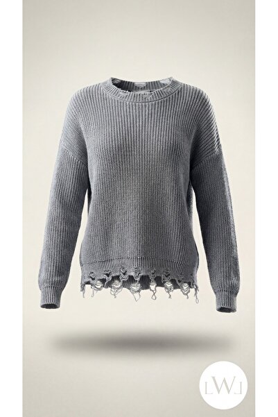 LWL قصة فضفاضة سترة تريكو فضفاضة بتفاصيل ممزقة وحياكة مضلعة باللون الرمادي