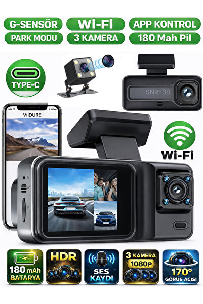SONREİR SNR-38 Wi-Fi 3 Kameralı Araç içi Güvenlik Kamerası IR Gece Görüşü G-S...