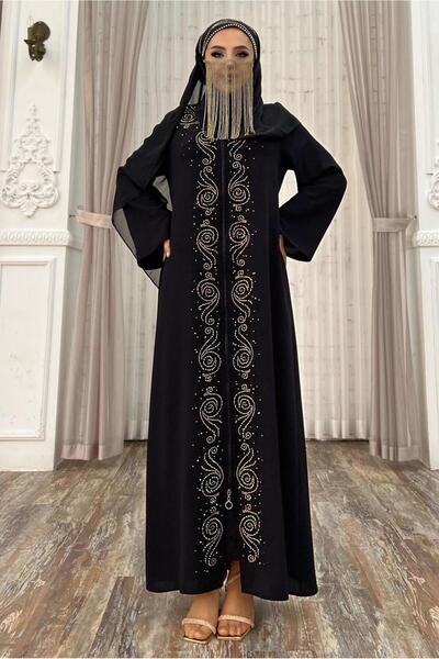 TRENDTESETTÜR KADIN SİYAH ÖNÜ TAŞ İŞLEMELİ FERMUARLI FERACE T 6087