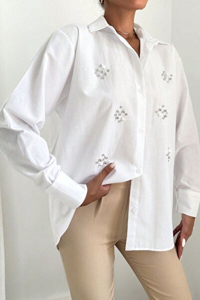 Amorti Λευκό Γυναικείο Μακρυμάνικο Πουκάμισο με Χάντρες