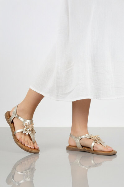 Deriderim Genuine Suede Floral Women's Sandals - Gold, Flip Flops, Ankle Stra...