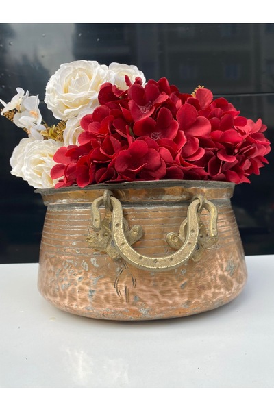 LüksAksesuar ANTİKA BRONZ İRAN BAKIR BADYA BAKIR SAKSI KAZAN SARI PİRİNÇ KULP