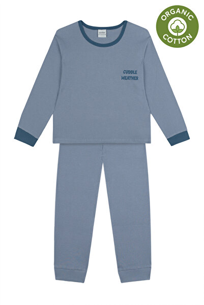 Antebies Organic Blue Waffle Cuddle Weather Embroidered Elastic Waist Long Sl...