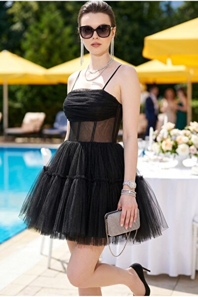 FASHION COCKTAIL Transparan Tül Bel Kabarık Etekli Askılı Mezuniyet Abiye Elb...