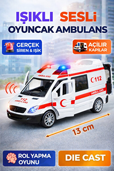 TRENDZONE Kapıları Açılan Sesli Işıklı Çek Bırak Metal Ambulans Arabası 13cm ...