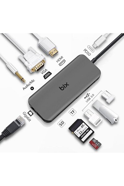 Bix Bx11hb Type-c Hdmı Vga Ethernet Kart Okuyucu Usb Dönüştürücü