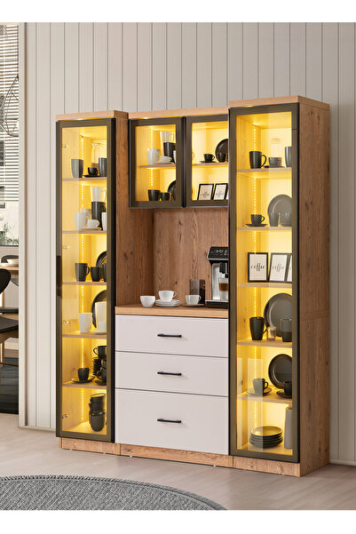 Setay Vitrinli Ünite, Liveo Kahve Köşesi + Çok Amaçlı Raflı İki Kapaklı Dolap