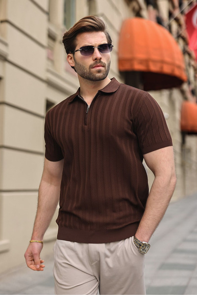 Madmext Brown Half Zip Polo Collar Men's Knit T-Shirt E7458