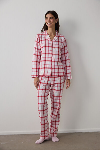 Penti Dusty Rose Modal Plaid Shirt Collar Buttoned Cotton Pajama Set