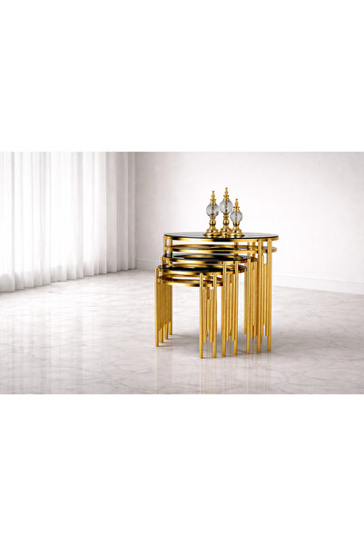 çelsan Yuvarlak Sütun 3’lü Zigon Sehpa – Siyah Camlı Metal Ayaklı Lüks Yuvarl...