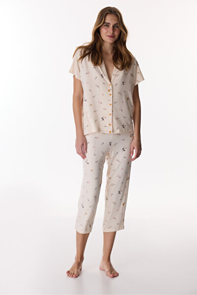 Penti Beige Margot Patterned Shirt Capri Pajama Set