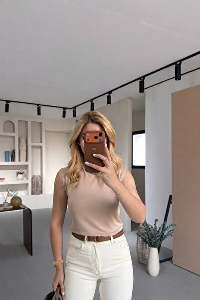 Sezgi Tekin High Collar Sleeveless Mink Steel Knitwear