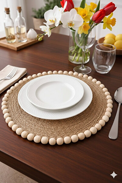 Gogoey Wicker Jute Supla American Service Plate with Wooden Beads and Jute St...