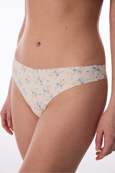 Penti Beige Patterned Laser Cut Thong Panties
