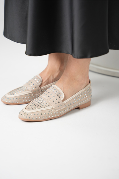 DAD WOLF Kadın Taşlı Babet |Mery Ceyn Taşlı Küt Kare Loafer Şık Babet