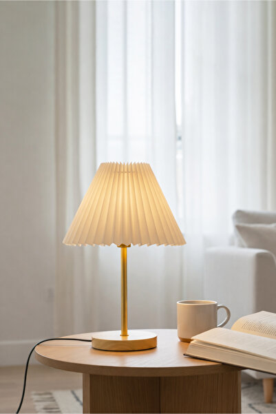 HOMİNG Ahşap Tabanlı Kumaş Kırçıllı Pileli Abajur 241949