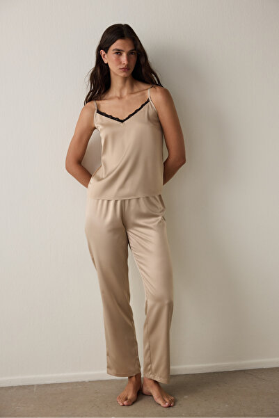 Penti Beige Concept Lace Satin V-Neck Adjustable Strap Pajama Set