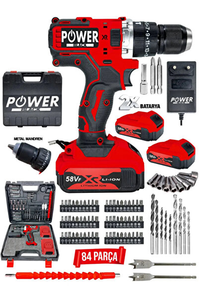 POWER BLACK ULTRA LÜKS 84 PARÇA ÇELİK MANDREL DAREBELİ ÇİFT BATARYALI MATKAP SETİ