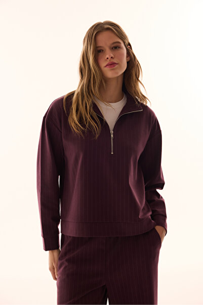 Penti Burgundy Zippered Striped Sweatshirt