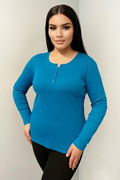 Siyezen Bluză din bumbac cu nasturi, mărime mare, turcoaz
