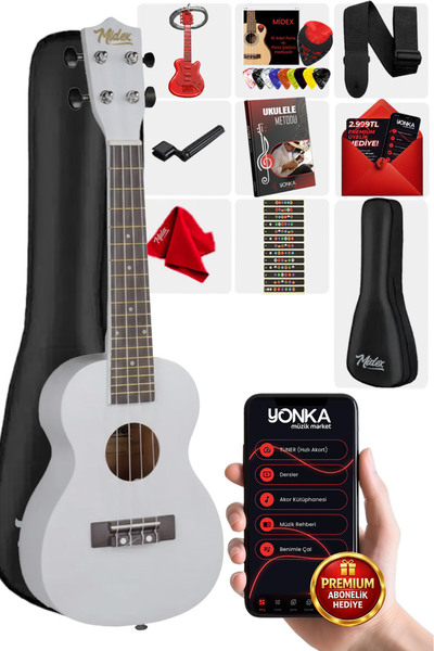 Midex UKX-233WH Beyaz Concert Ukulele (Askı Çanta Metod Pena)