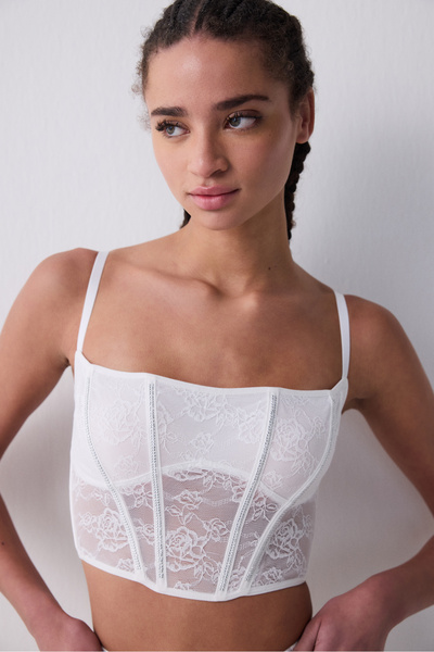 Penti Bustier alb catifelat cu corset de piatră