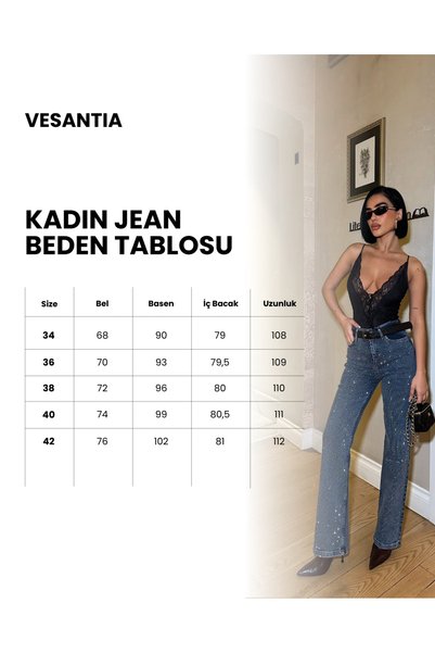 vesantia Kadın Bel & Paça Taş İşlemeli Yüksek Bel Likralı Palazzo Fit Jean