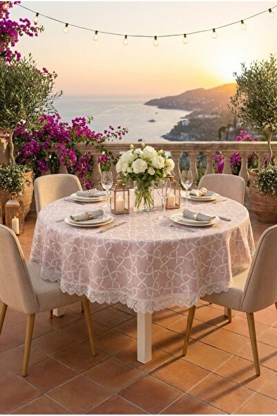 Rona Home Πολυτελές ροζ στρογγυλό τραπεζομάντιλο με δαντέλα ζακάρ με τάση για...