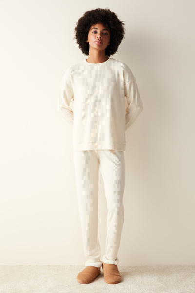 Penti Hanorac de culoare deschisă Lilah Waffle Top pijama bej