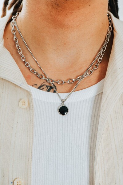 UKHWD SUPPLY İki Zincir Çelik Minimal Madalyon Kolye