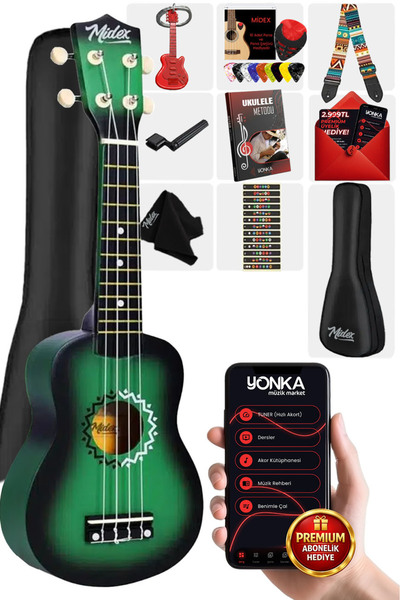 Midex Ukx-600Gr Mahogany Concert Ukulele with Sunburs Effects Full Set