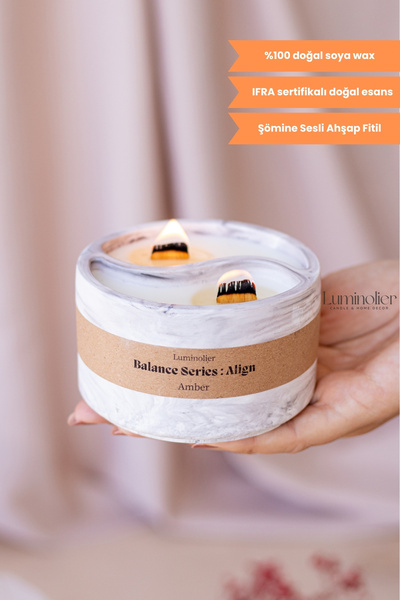 Luminolier Amber Kokulu Yin Yang Beton Soya Mum – Ahşap Fitilli, %100 Doğal E...