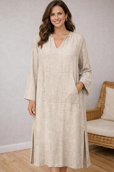 Hayalet Özel Dikim Yırtmaçlı V Yakalı Büyük Beden Keten Elbise