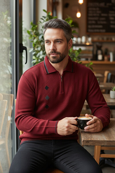 Kamalı Muški bordo pulover bez pilinga, standardnog kroja, redovnog kroja, sa...