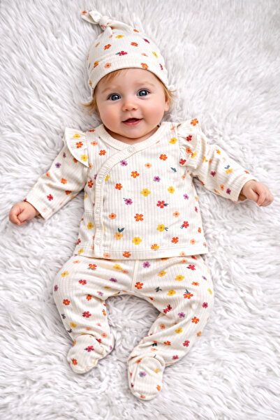 Linda Harris Crispy Flowers Krem 5’li Yenidoğan Kız Bebek Hastane Çıkışı Seti