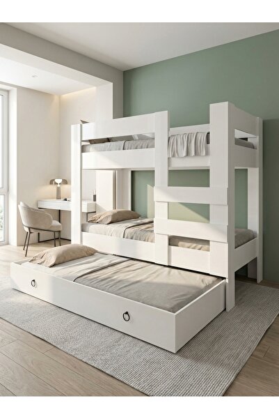 Herseycik Ninnimo Genç Beyaz Mdf 90x190 Yatak Uyumlu Yavrulu Ranza R20-1