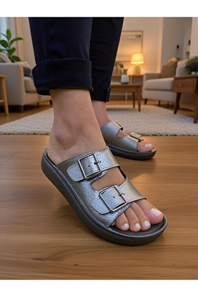 Budaks Papuci de damă, argintii, cu sclipici, cu cataramă dublă, cu talpă gro...