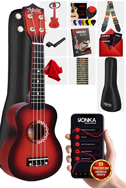 Midex Ukx-500rd Sunburs Efektli Maun Soprano Ukulele Full Set