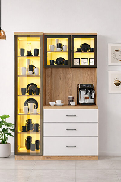 Setay Vitrinli Ünite, Liveo Kahve Köşesi + Çok Amaçlı Raflı Tek Kapaklı Dolap