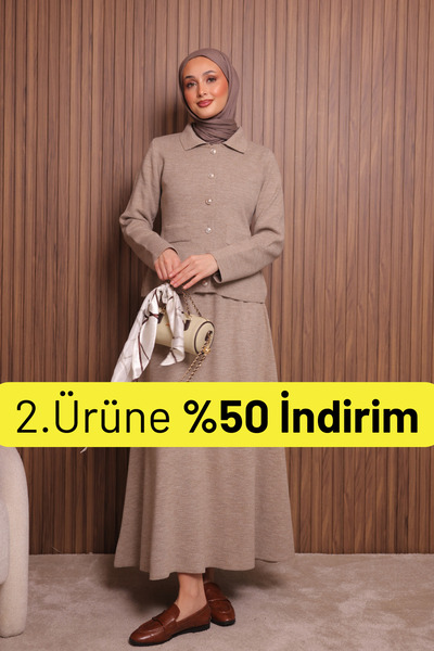 Balenbi Women's Tight Knit Polo Neck Cardigan with Skirt Hijab Knitwear Set 1151