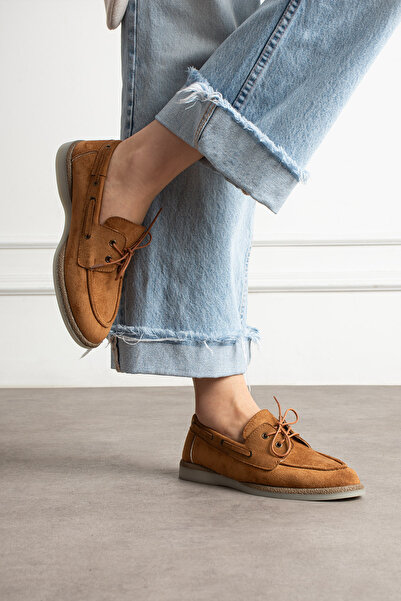 guijarro Kadın Taba Hakiki Süet Görünümlü Bağcıklı Oxford Loafer Ayakkabı