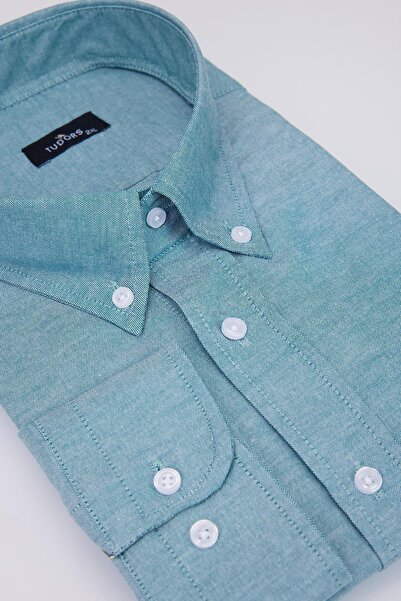 Tudors Büyük Beden Uzun Kollu Oxford Doku Yaka Düğmeli Cepli Nakışlı Petrol E...