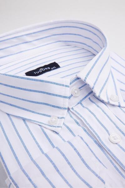 Tudors Cămașă albă cu mânecă lungă, cu dungi, mărime mare, pentru bărbați