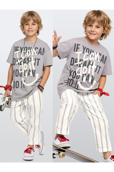 Denokids Boy's Graffiti Suit 100% Cotton T-Shirt and Striped Linen-Look Summe...