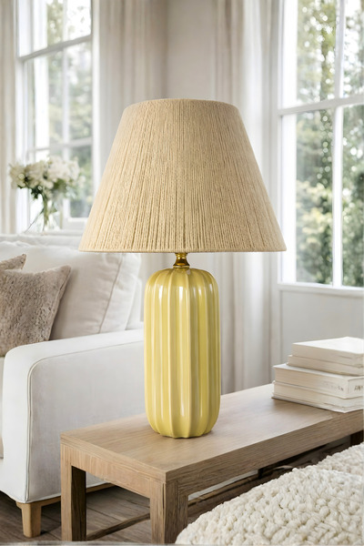 Bahar Aydınlatma Zion Pastel Sarı Gövde Bej Başlık Dekoratif Abajur