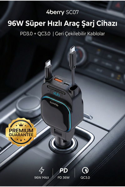 SC07 96W Car Charger – PD3.0 & QC3.0 Fast Charging, Dual Retractable Cable, LED Display